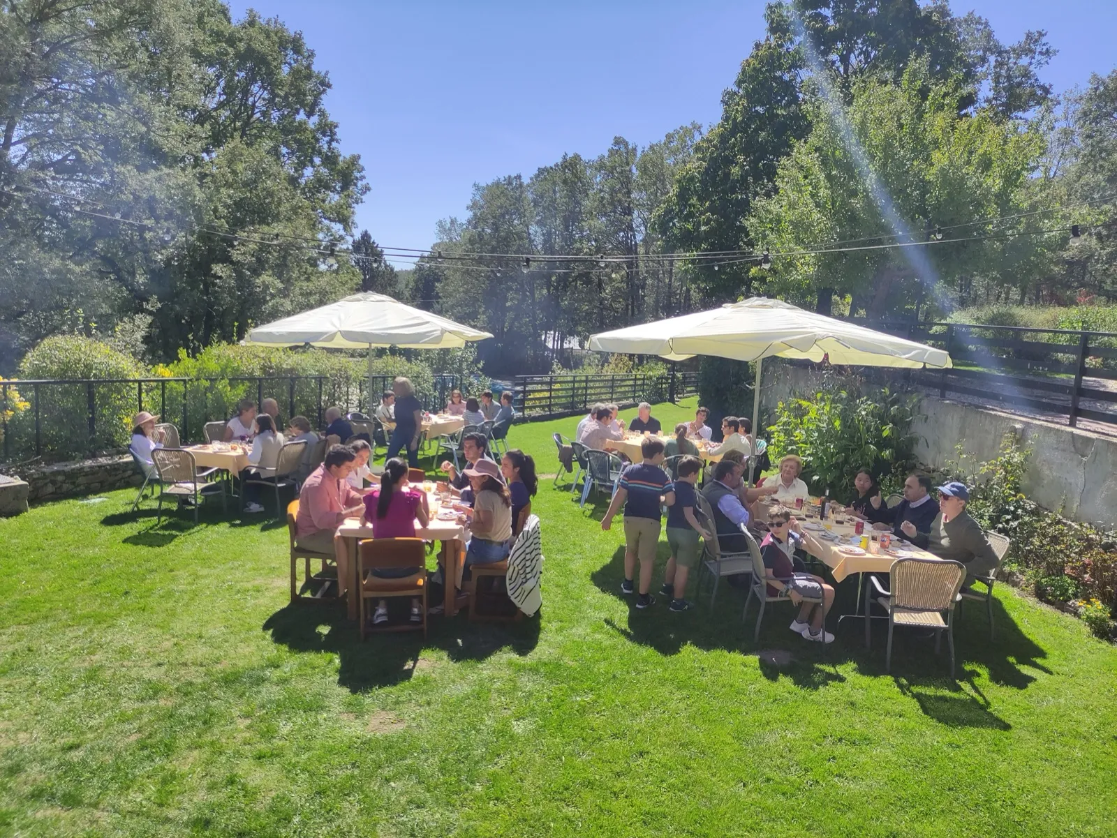 Comida campestre al sol con mesas y sombrillas en el jardín